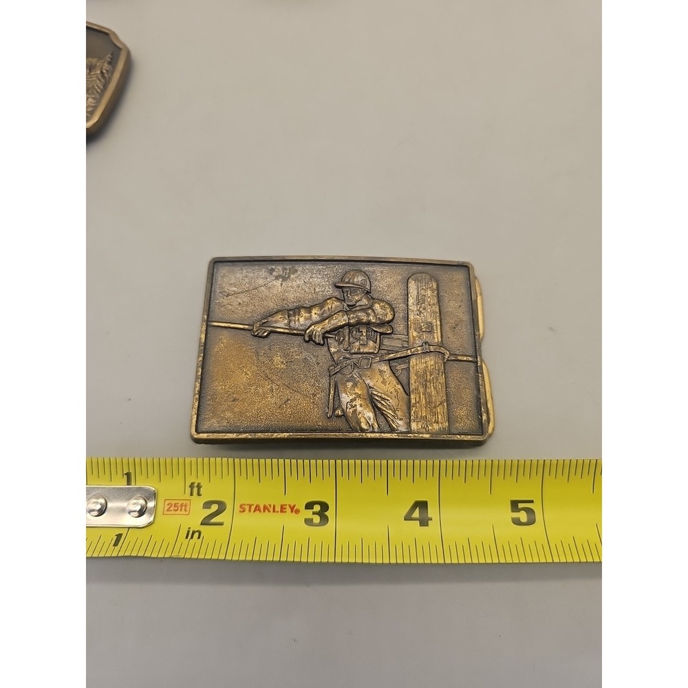 Vtg LINESMAN Belt Buckle 1982 Phone Power POLE Telephone Garfield Brass RARE VG+